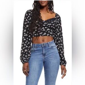 BP Lace Trim Long Sleeve Crop Top Black Floral Size XS Coquette Smocked NWOT